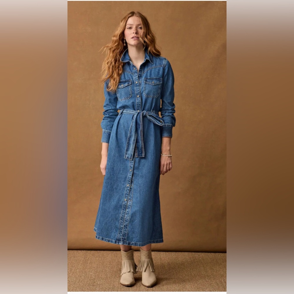 Denim Long-Sleeve Belted Dress